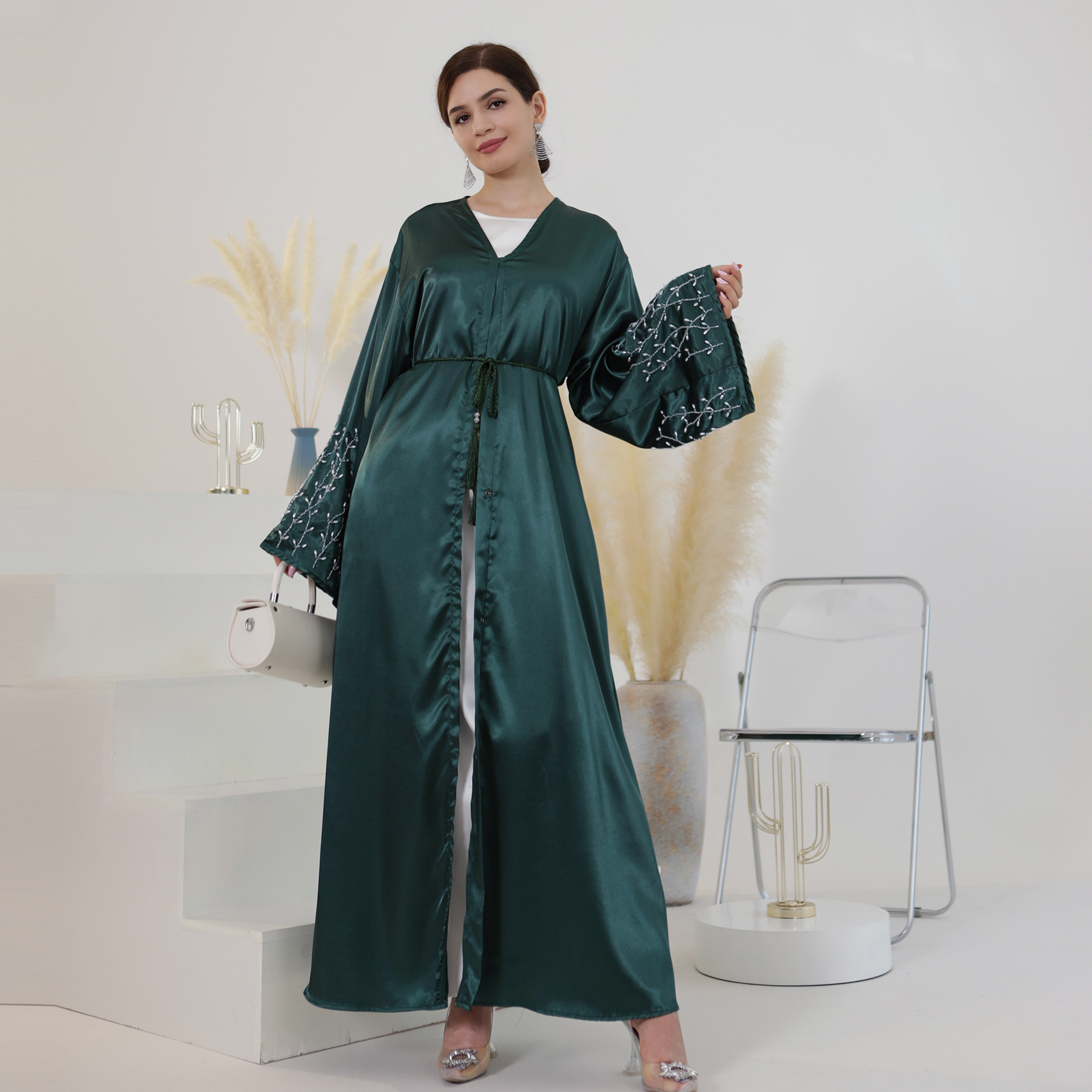 2024 Hand made Pearls Satin Luxury Abaya Dubai Modest Dresses New Islamic Clothing Abayas for Women Muslim