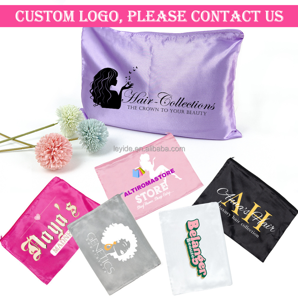 AliLeader Custom Logo Hair Extensions Storage Pouch Wig Packaging Bag Zipper Silky Satin Hair Bundles Wig Bags