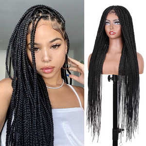 Ombre 30" Long Knotless Box Braids Full Double Lace Wig Square Based Embroidery Micro Braided Wig with Baby Hair for Black Women