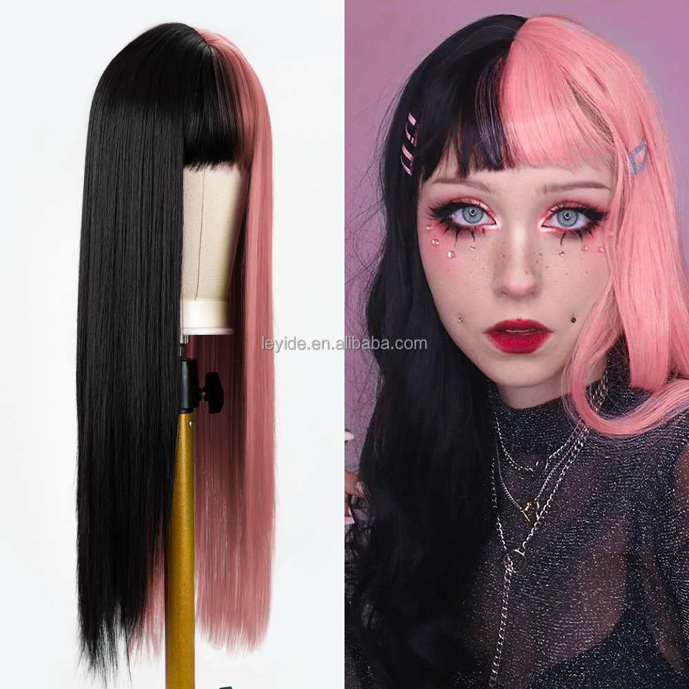 Lolita Cosplay Wig Half Color Long Straight Halloween Wigs Two Tone Ombre Color For Women Girls Wigs