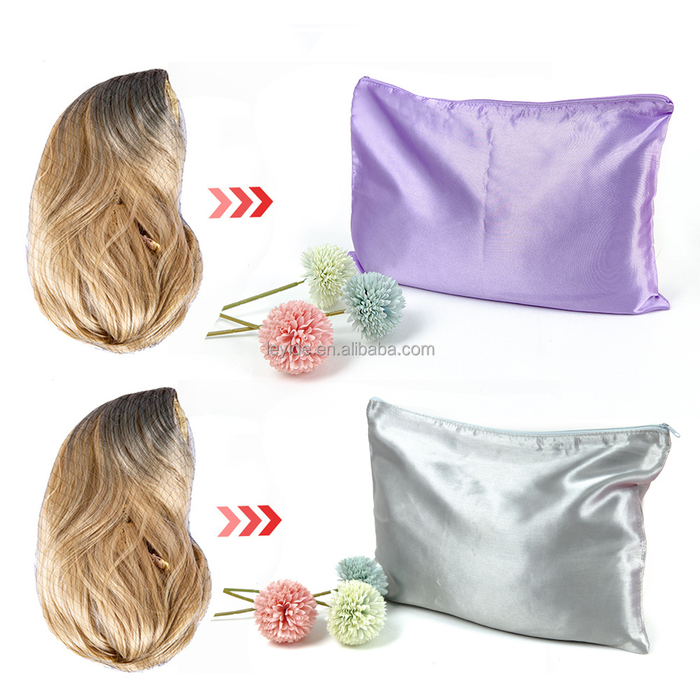 AliLeader Custom Logo Hair Extensions Storage Pouch Wig Packaging Bag Zipper Silky Satin Hair Bundles Wig Bags