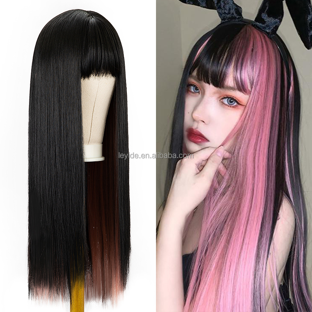 Lolita Cosplay Wig Half Color Long Straight Halloween Wigs Two Tone Ombre Color For Women Girls Wigs