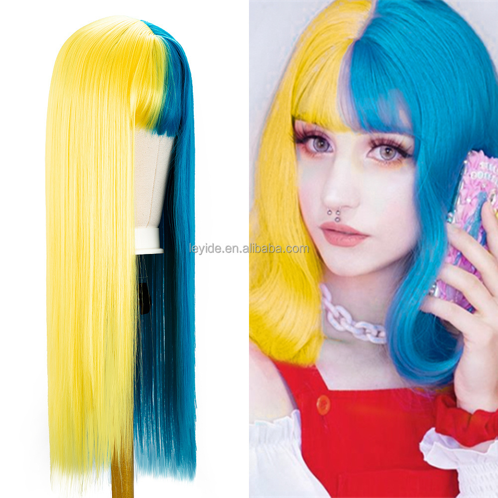 Lolita Cosplay Wig Half Color Long Straight Halloween Wigs Two Tone Ombre Color For Women Girls Wigs