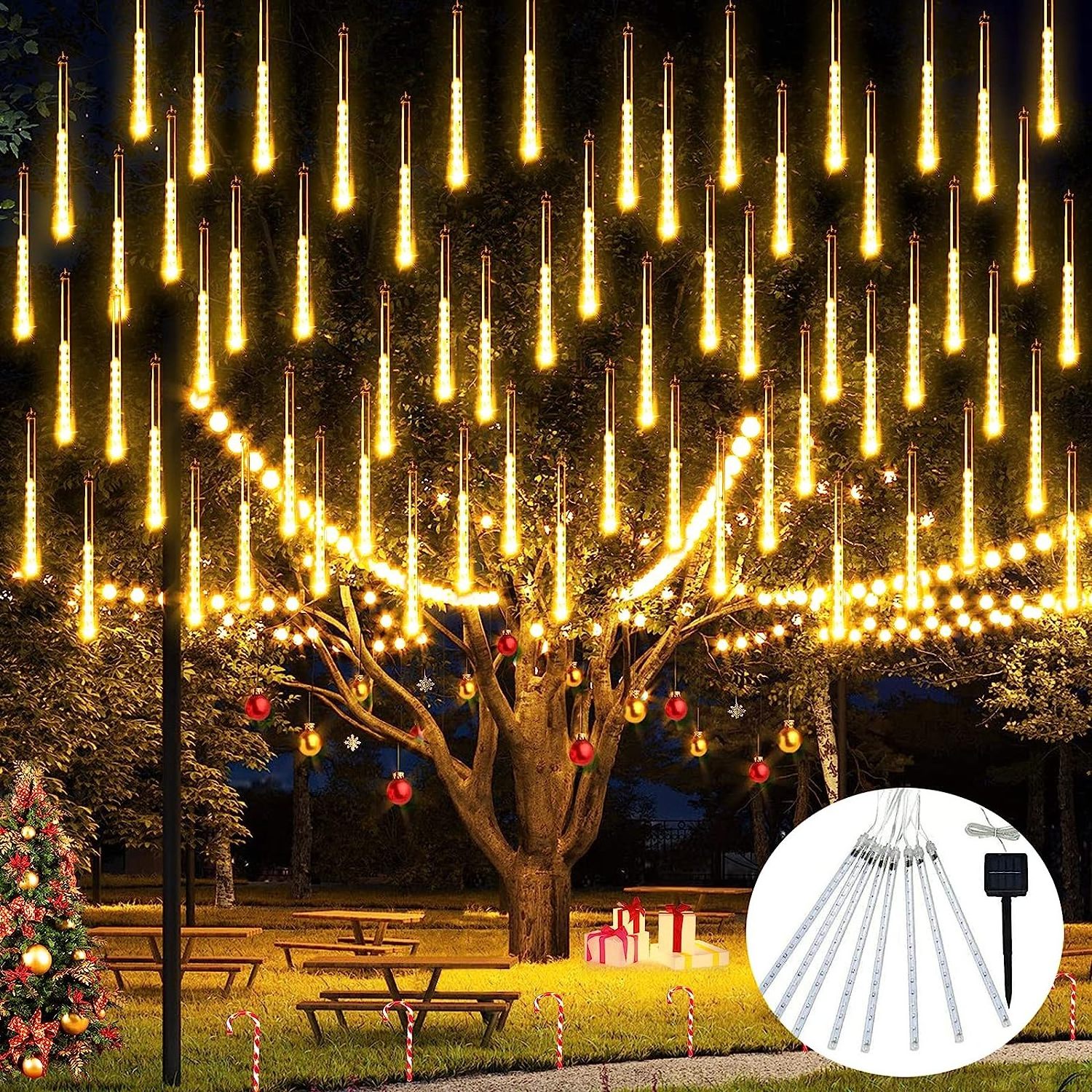 12inch Solar Outdoor Holiday Lighting Waterproof 8 Tube 144 LEDs Meteor Shower Rain Lights for Tree Halloween Patio Decor