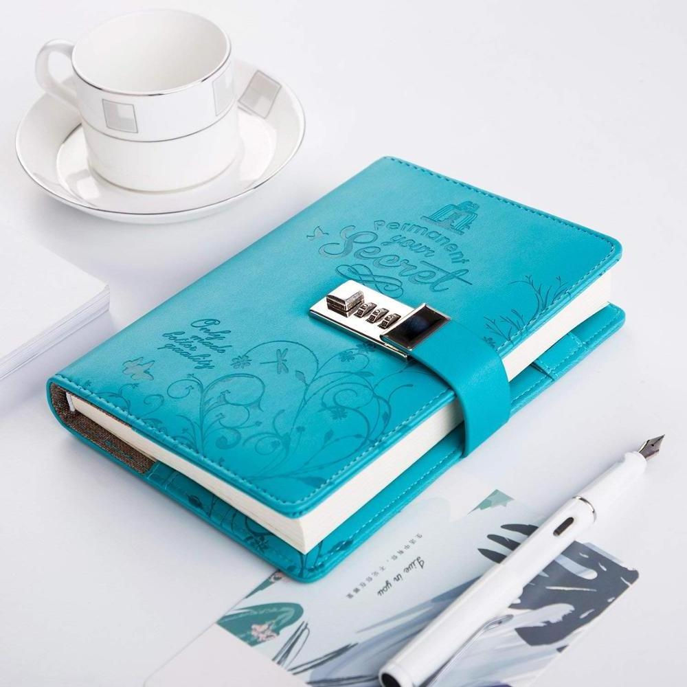 Loose Leaf Journal Blue Design Hard Cover PU Leather Diary With Lock