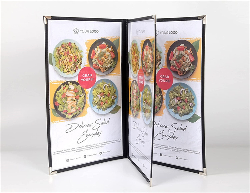 PVC Double Bistro Menu Cover Black Menu Booklet Holder With Silver Metal Corner