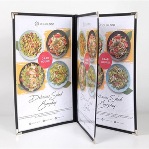 PVC Double Bistro Menu Cover Black Menu Booklet Holder With Silver Metal Corner