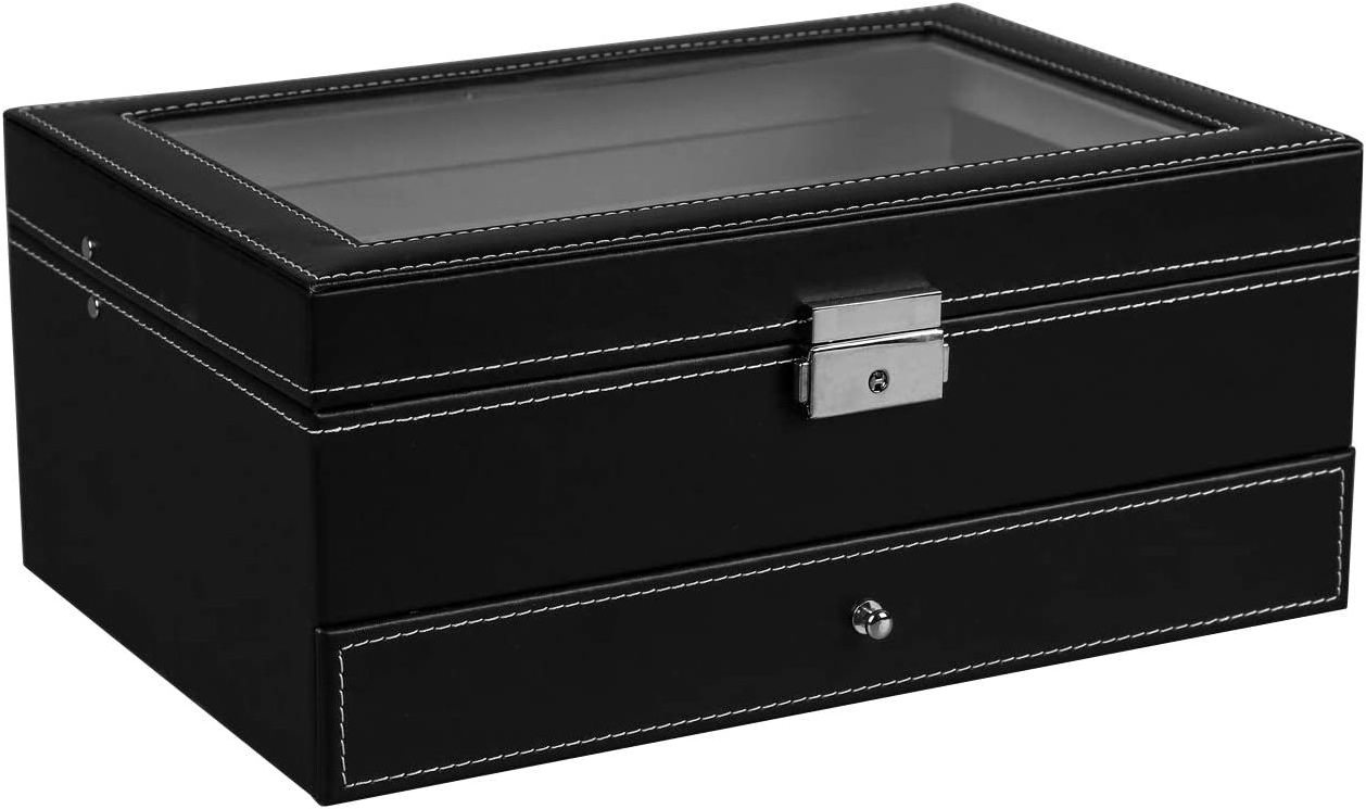 12 Slot PU Leather Lockable Watch Storage Boxes 2-Tier Organizer Watch Showcase with Glass Lid