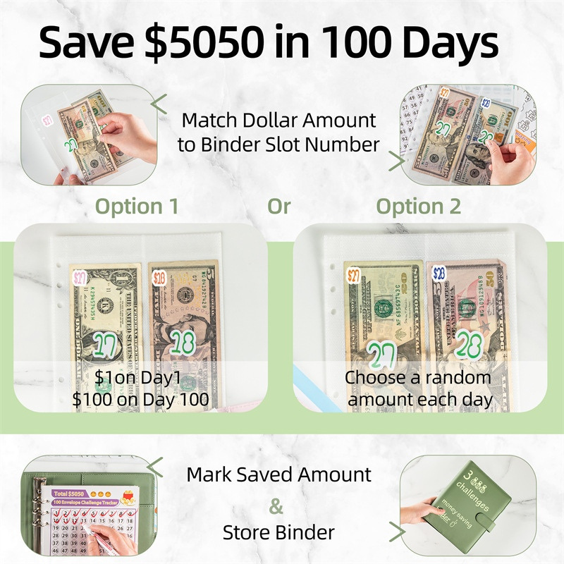 Spiral Saving $5050 Money Challenge In 100 Days A5 Goal Zipper Pocket PU leather Planner Notebook With Cash Envelope