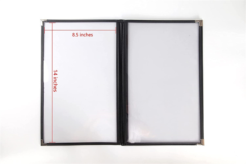 PVC Double Bistro Menu Cover Black Menu Booklet Holder With Silver Metal Corner