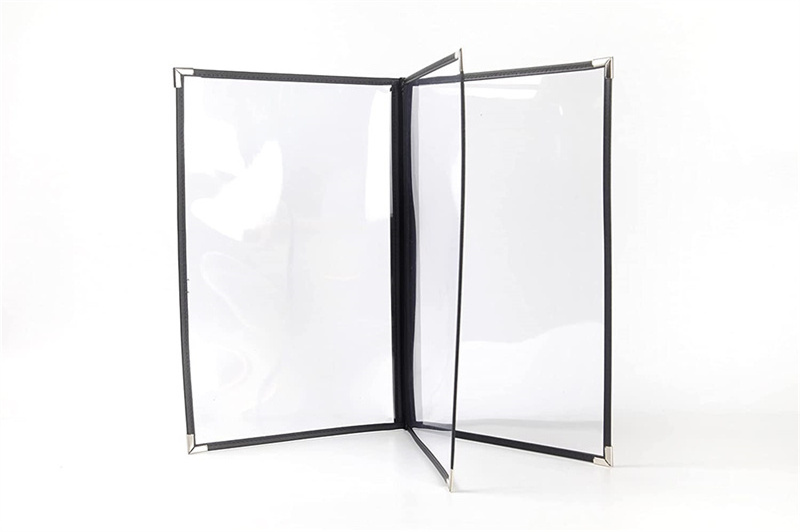 PVC Double Bistro Menu Cover Black Menu Booklet Holder With Silver Metal Corner