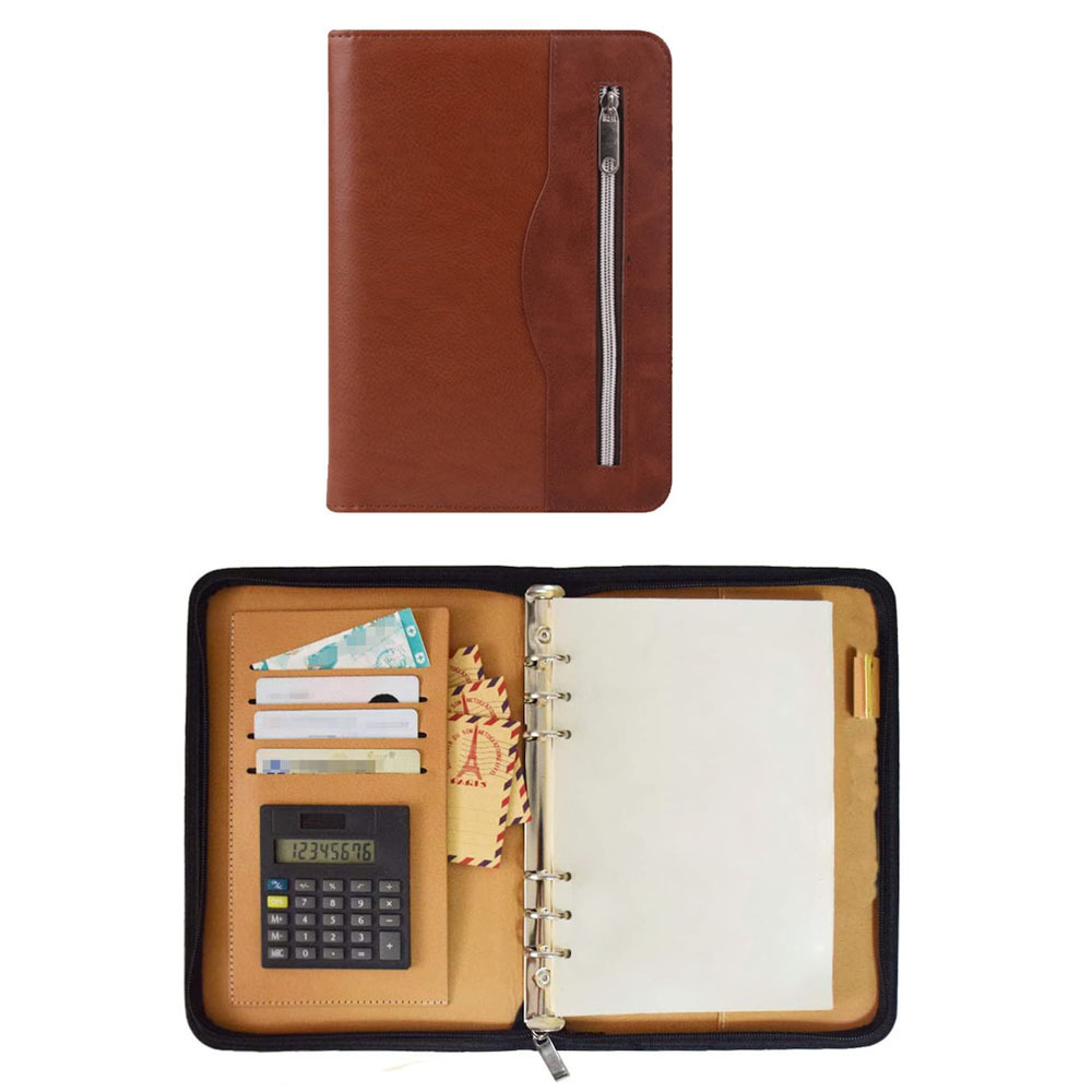 Portable Calculator Planner Multi-function Loose-leaf Binding Briefcase Zipper Portfolio Folder Premium Leather Binder Notebook