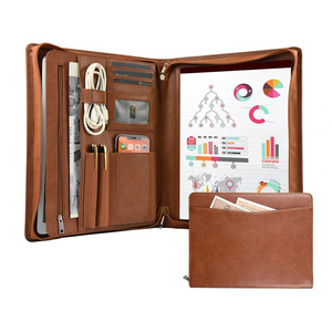 Brown A4 Writing Pad Holder Vegan Leather Portfolio Professional Business Padfolio with Zipper