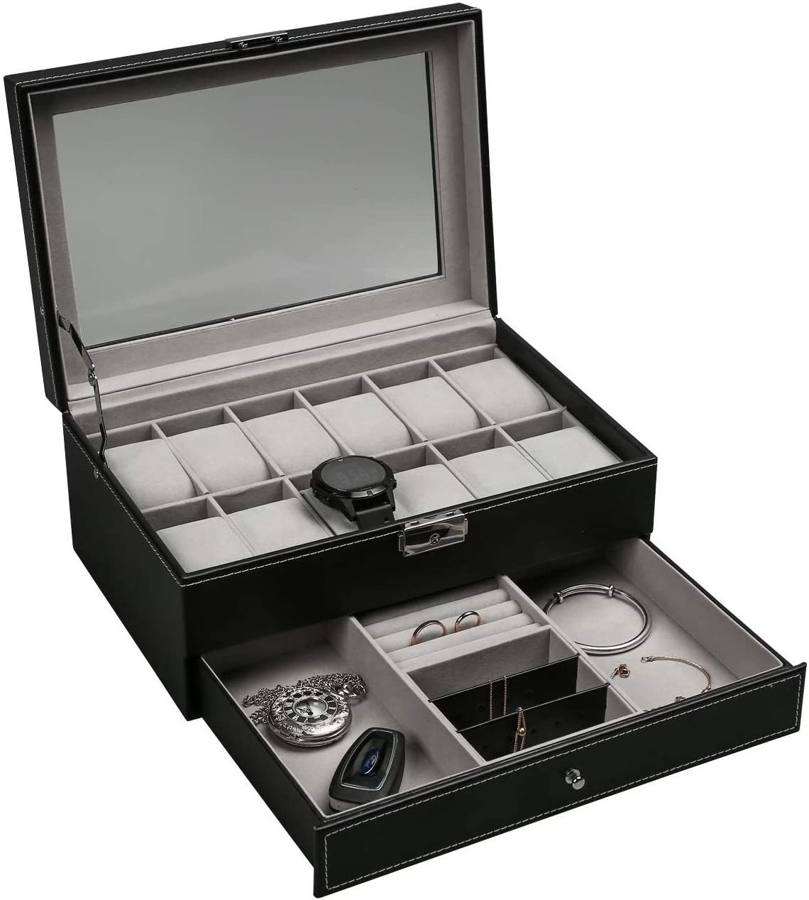 12 Slot PU Leather Lockable Watch Storage Boxes 2-Tier Organizer Watch Showcase with Glass Lid