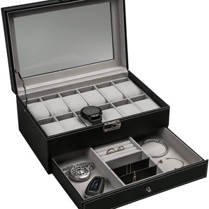 12 Slot PU Leather Lockable Watch Storage Boxes 2-Tier Organizer Watch Showcase with Glass Lid