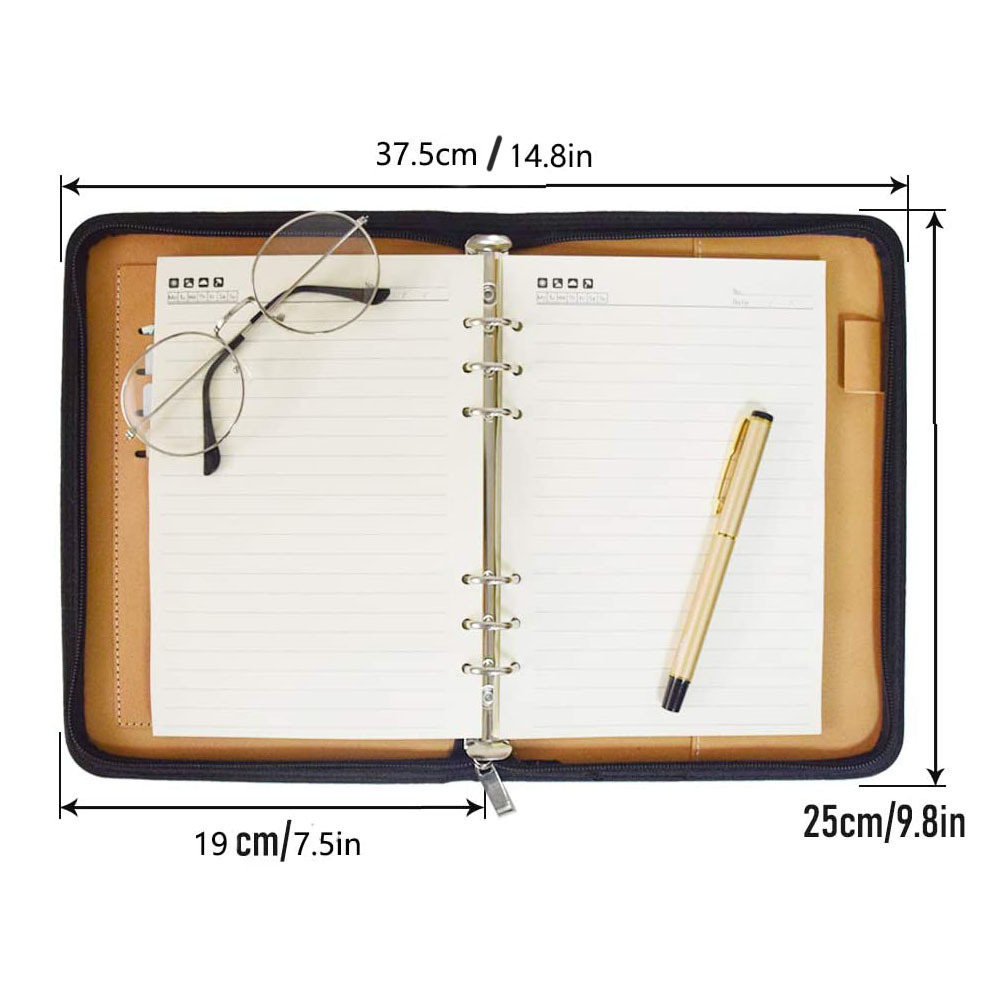 Portable Calculator Planner Multi-function Loose-leaf Binding Briefcase Zipper Portfolio Folder Premium Leather Binder Notebook