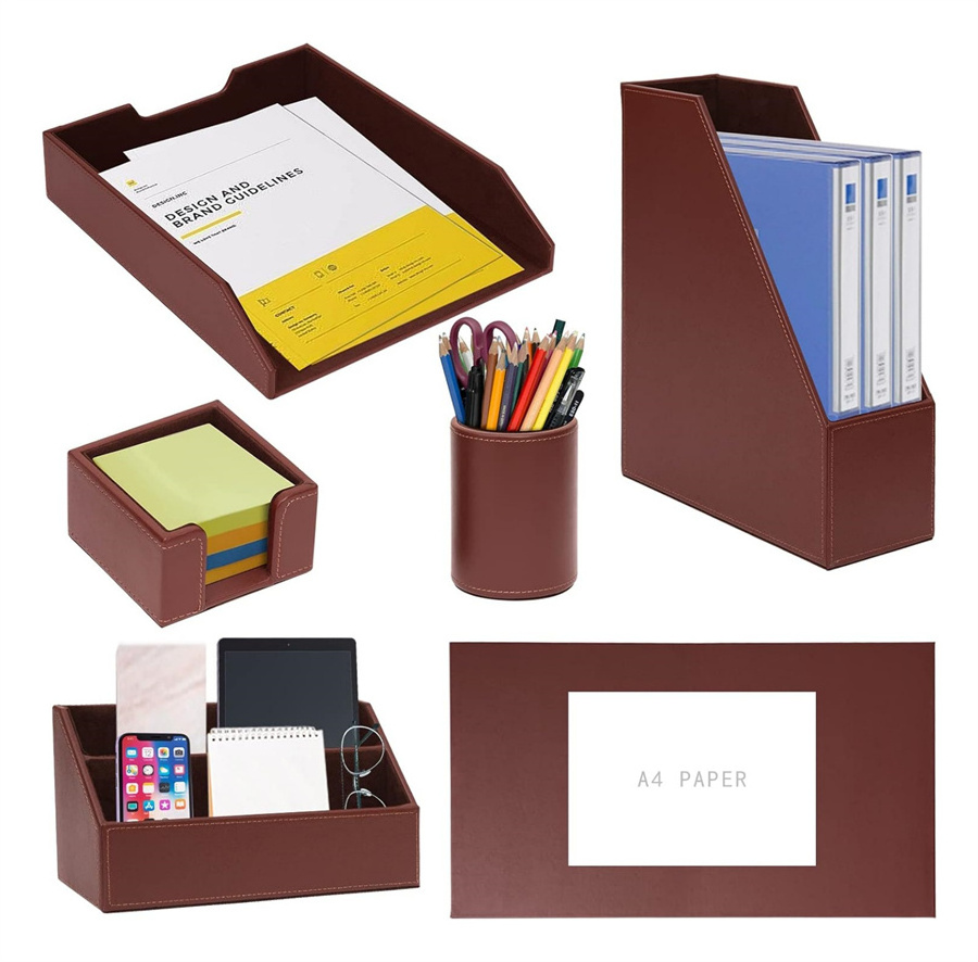 Office Supplies/Desk Organizer Set with Desktop Leather Writing Pad File Paper Tray Magazine Folder Pen Sticky Note Holder