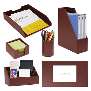 Office Supplies/Desk Organizer Set with Desktop Leather Writing Pad File Paper Tray Magazine Folder Pen Sticky Note Holder