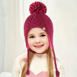 2024 Wholesale Children Cable Knit Beanie Hat Kids Winter Wool Knitted Crochet Cap With Ear Flaps