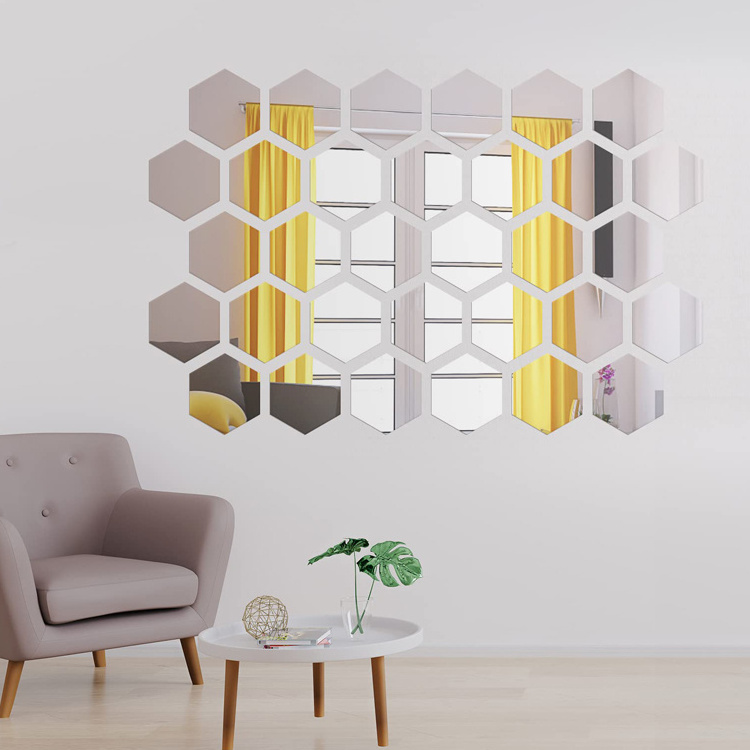 Self Adhesive Tiles Mirror Wall Stickers Non Glass Mirror Plastic 3D Hexagon Acrylic Mirror Wall Decor