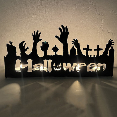 Halloween Ghost Pumpkin Silhouette Metal Tea Light Candle Holder