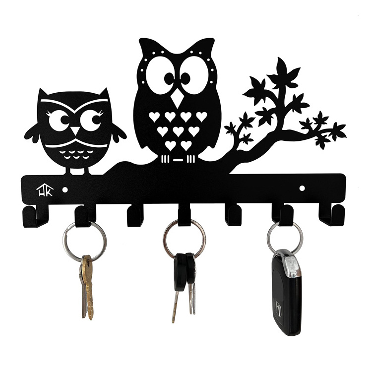 Custom Home Decor Key Hanger Decorative 7 Key Hooks Owl Key Rack Black Metal Owl Key Holder for Medal Hanger