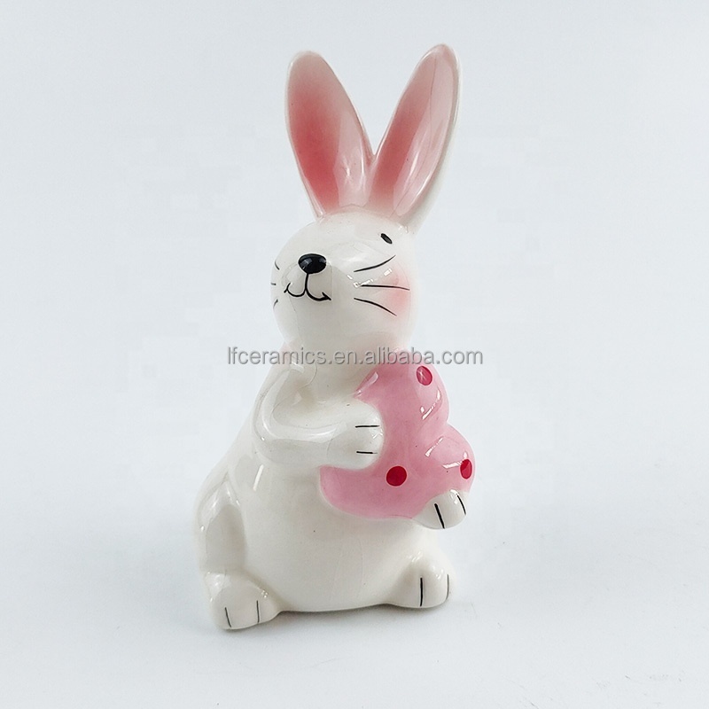 Custom Ceramic Easter Rabbit Cute Bunny Decoration Figurine With Red Heart Design For Easter Valentine Holiday