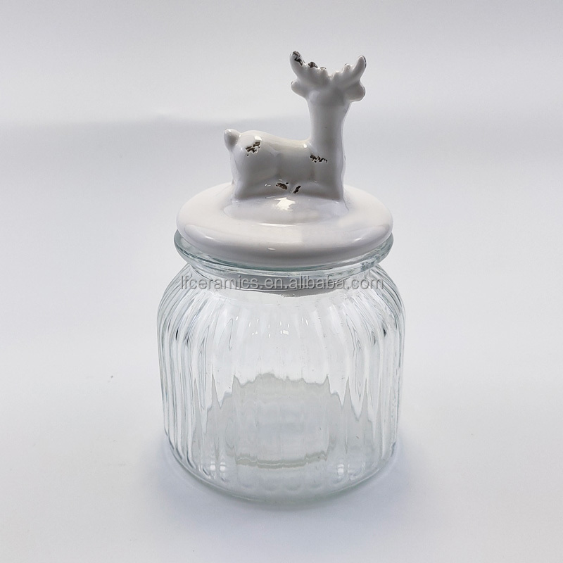 Wholesale Glass Jar With Xmas Deer Ceramic Lids Airtight Covers Storage Jars Container For Cookies Candies