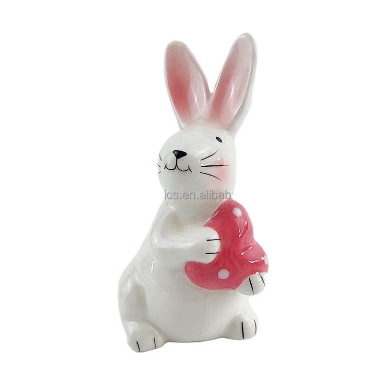 Custom Ceramic Easter Rabbit Cute Bunny Decoration Figurine With Red Heart Design For Easter Valentine Holiday