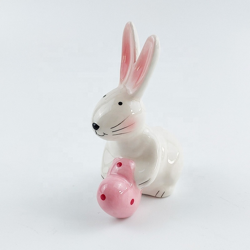 Custom Ceramic Easter Rabbit Cute Bunny Decoration Figurine With Red Heart Design For Easter Valentine Holiday