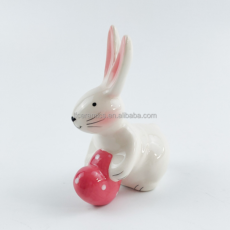 Custom Ceramic Easter Rabbit Cute Bunny Decoration Figurine With Red Heart Design For Easter Valentine Holiday