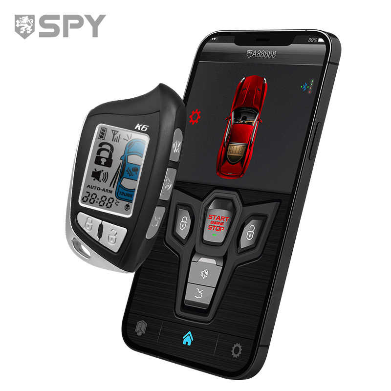 SPY APP two way car alarm system with push button start stop remote engine starter control auto headlight