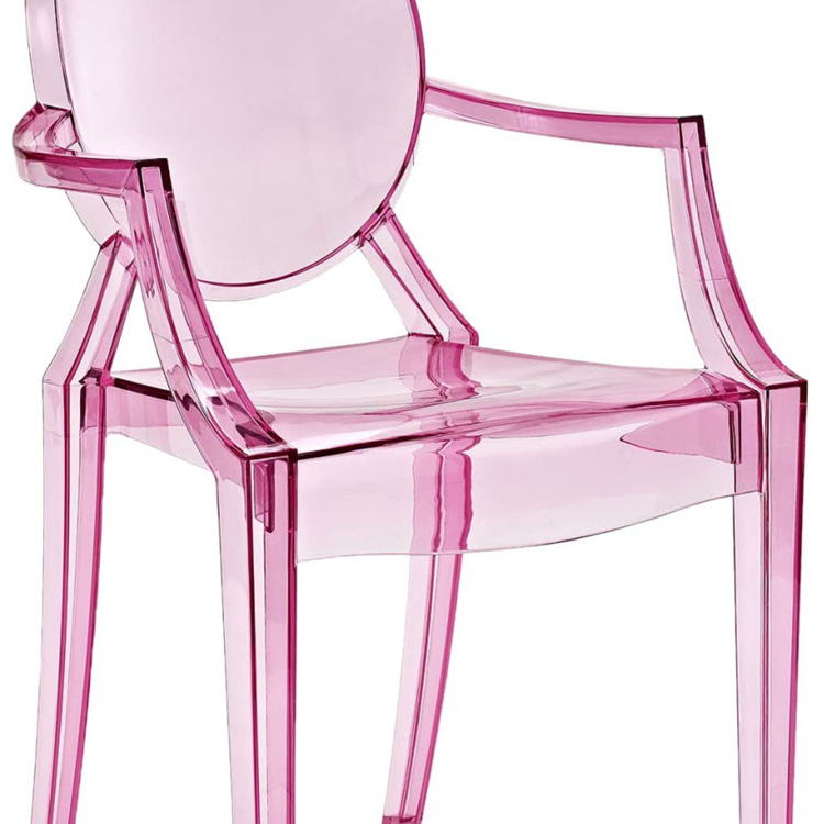 Factory Wholesale Lovely Design Armrest Restaurant Chairs Pink Plastic Ghost Hotel Wedding Event Chairs with Arms