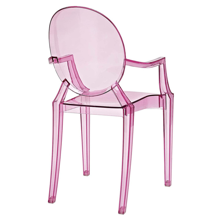 Factory Wholesale Lovely Design Armrest Restaurant Chairs Pink Plastic Ghost Hotel Wedding Event Chairs with Arms