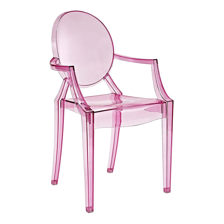 Factory Wholesale Lovely Design Armrest Restaurant Chairs Pink Plastic Ghost Hotel Wedding Event Chairs with Arms