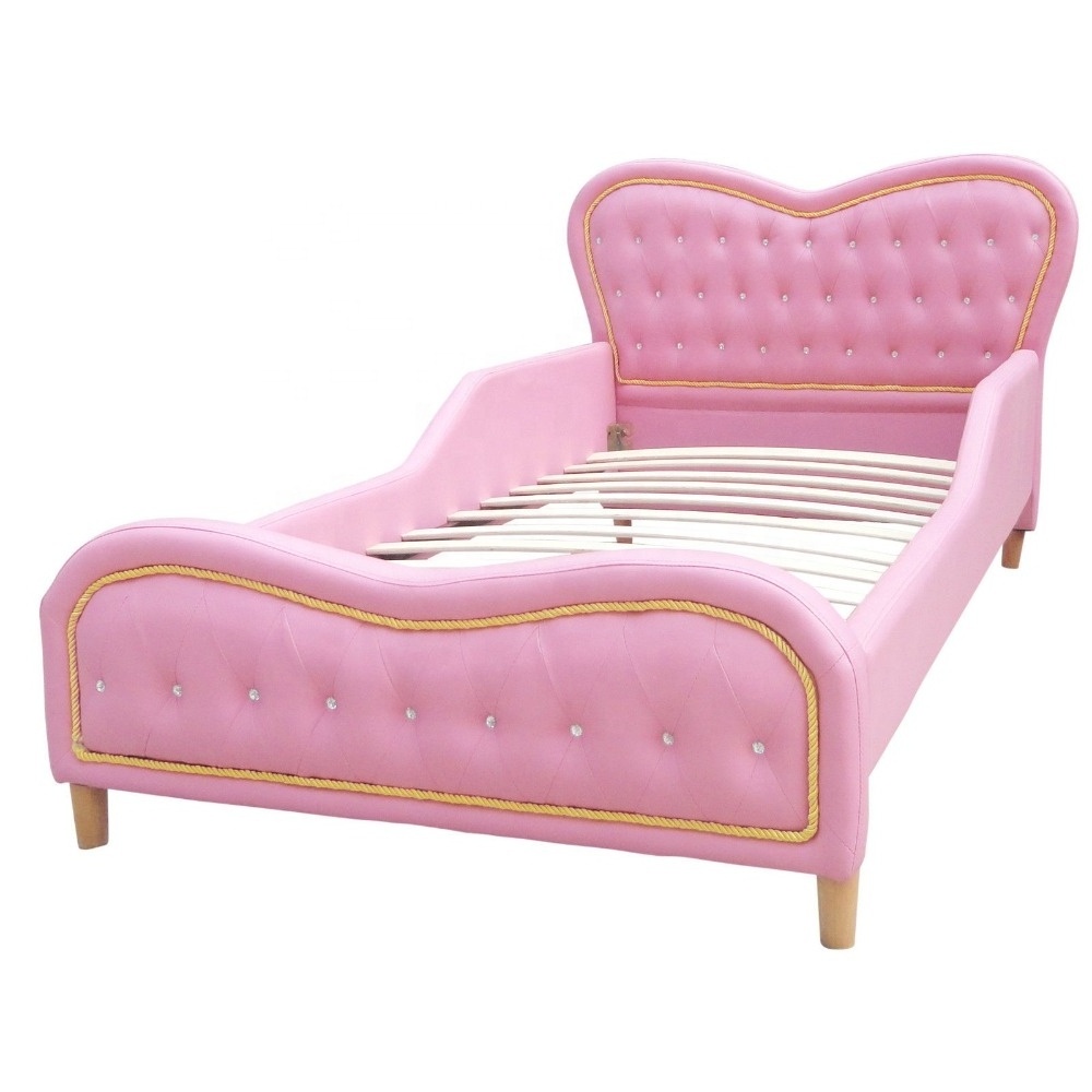 Pink Heart Kids Girls Boys Standard Single PU Leather Diamond Upholstered Bed