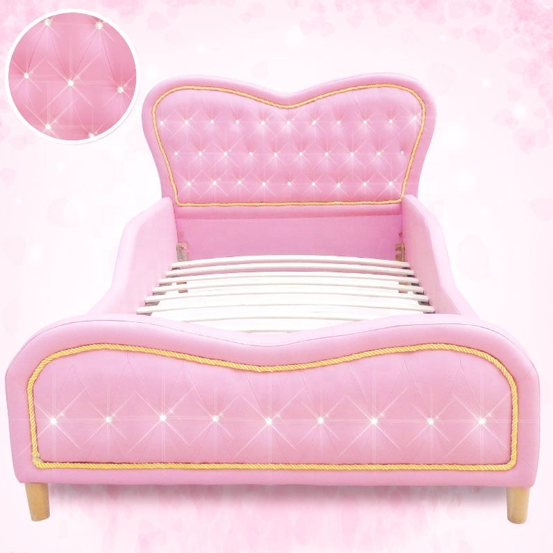 Pink Heart Kids Girls Boys Standard Single PU Leather Diamond Upholstered Bed