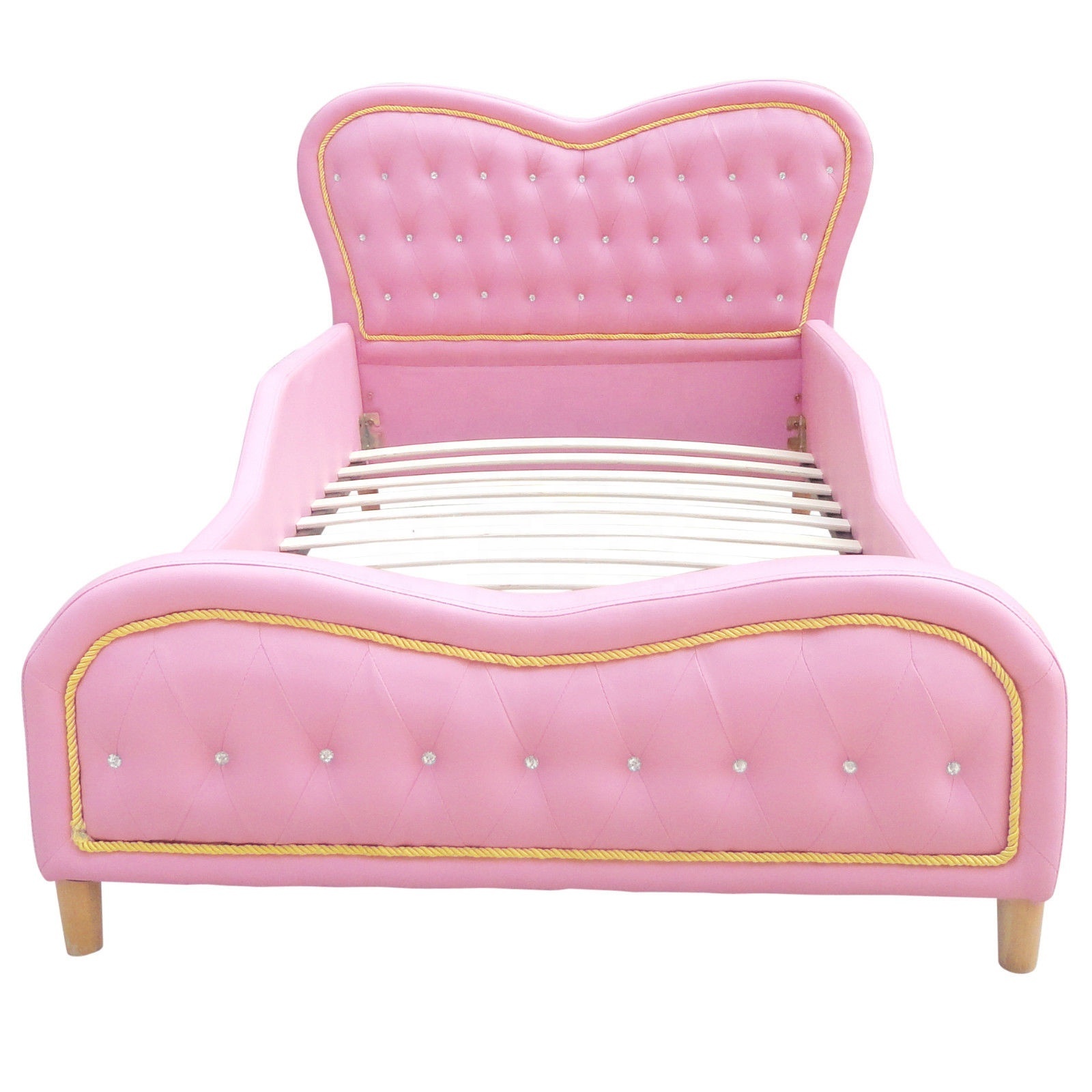 Pink Heart Kids Girls Boys Standard Single PU Leather Diamond Upholstered Bed