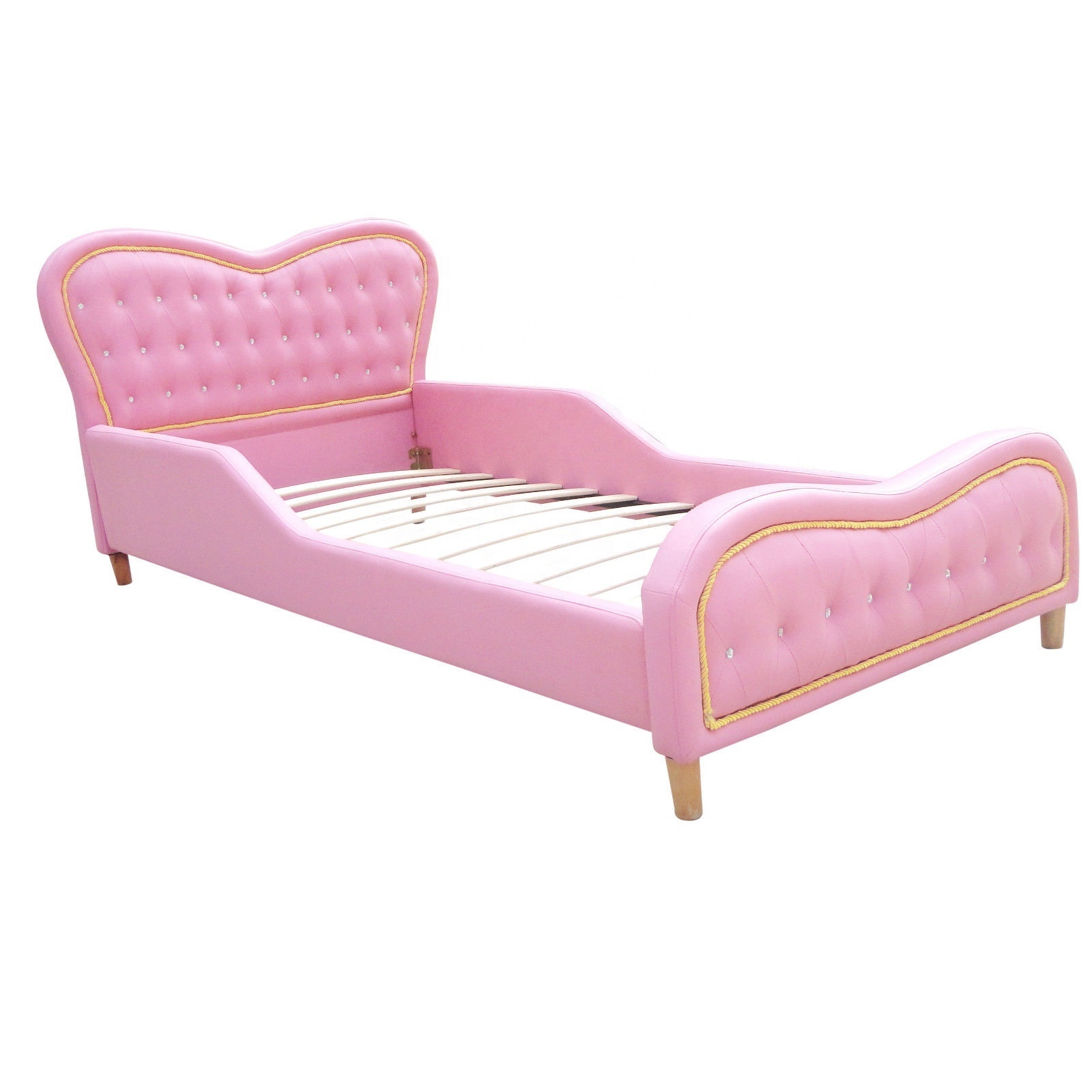 Pink Heart Kids Girls Boys Standard Single PU Leather Diamond Upholstered Bed