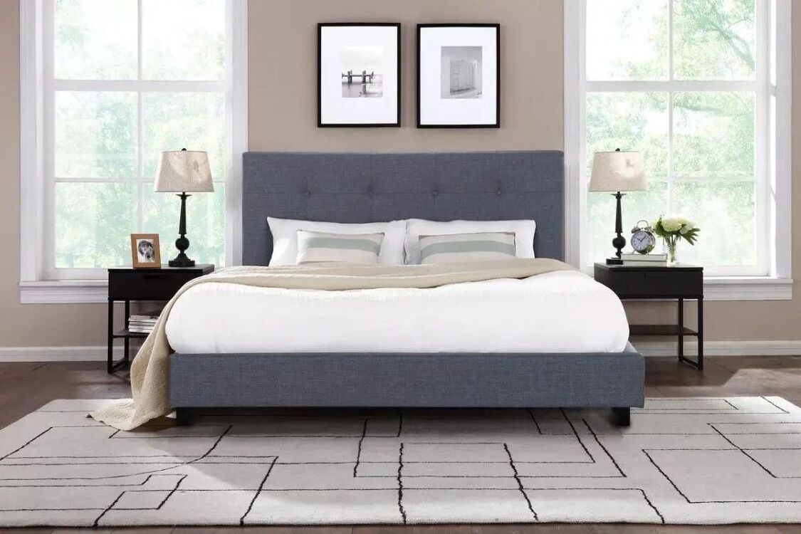 Upholstered Full Platform Bed Steel Frame, Wood Support - Dark Gray bed