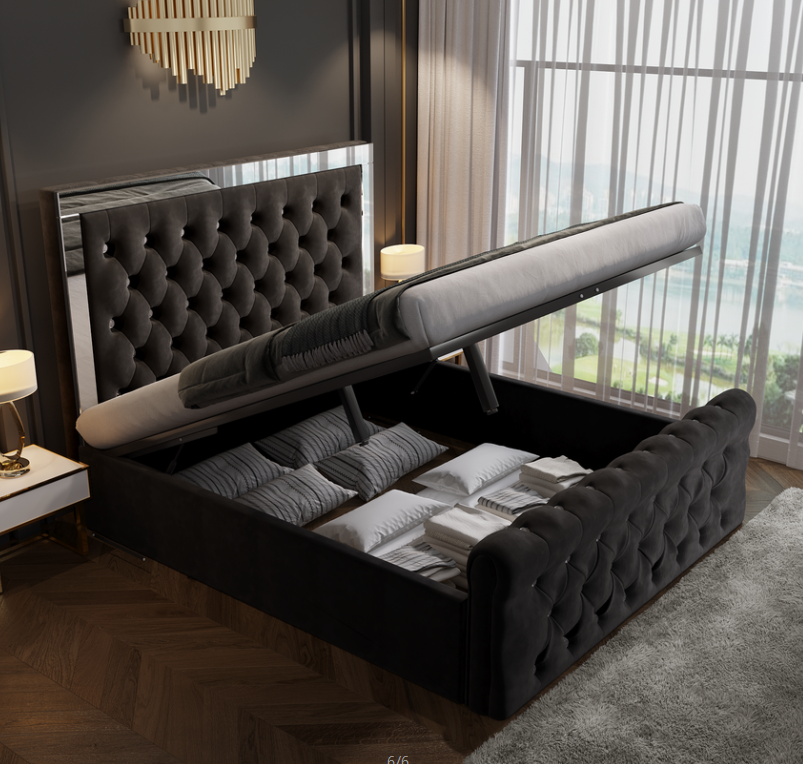 Headboard with Mirror crystal luxury double queen king ottoman gas lift velvet fabric upholstered bedroom furniture