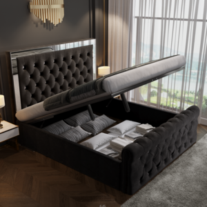 Headboard with Mirror crystal luxury double queen king ottoman gas lift velvet fabric upholstered bedroom furniture