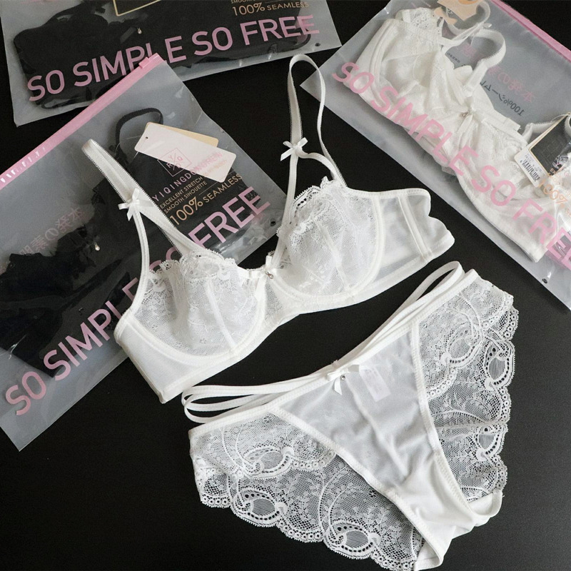 Japanese thin cup small chest transparent mesh lace underwear set women's Bra & Brief Sets