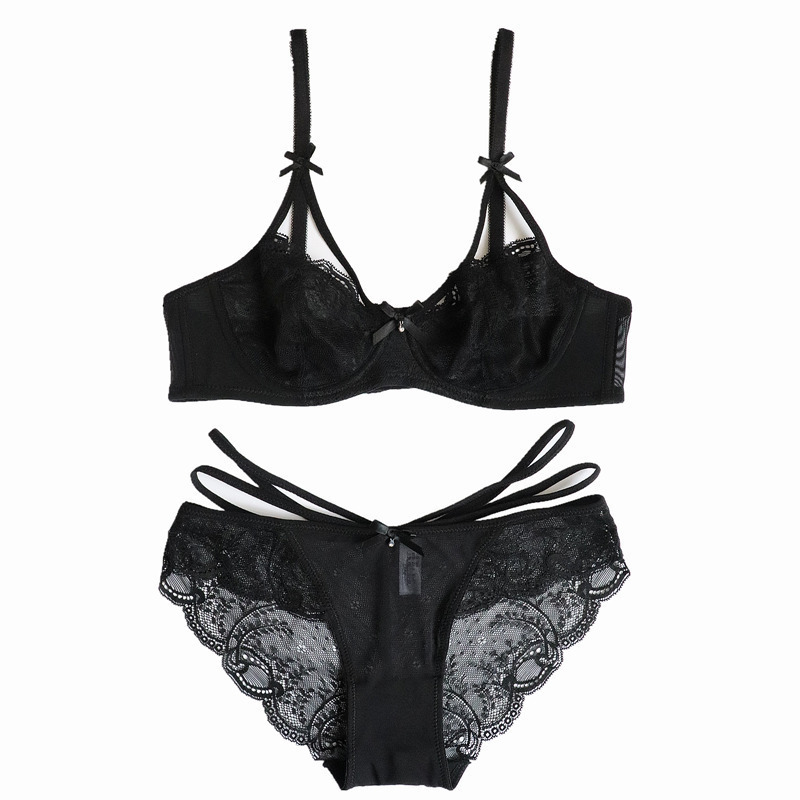 Japanese thin cup small chest transparent mesh lace underwear set women's Bra & Brief Sets