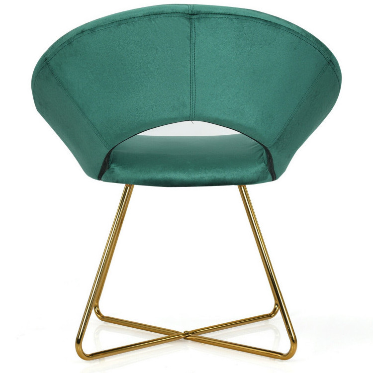 Hot home furniture soft upholstered dining armrest chair unique round backrest tufted accent chair chromed gold cross legs