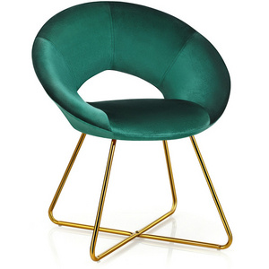 Hot home furniture soft upholstered dining armrest chair unique round backrest tufted accent chair chromed gold cross legs