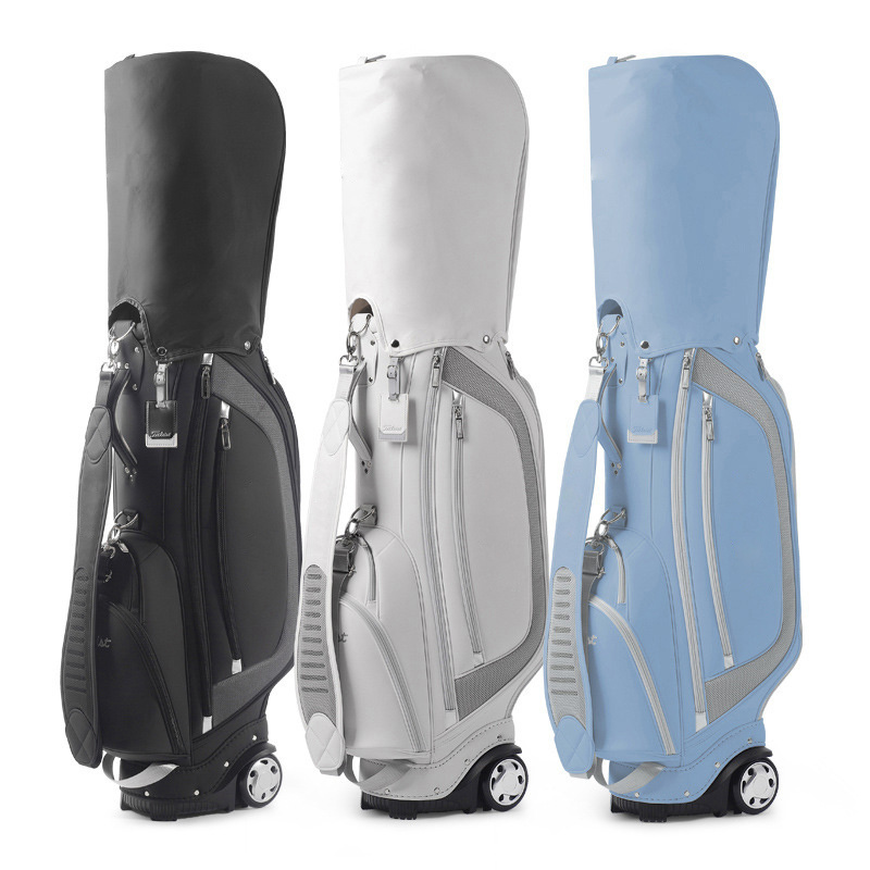 Custom  OEM nen Professional Embroidery Logo Waterproof Soft PU Genuine Leather Golf Bag With Wheels