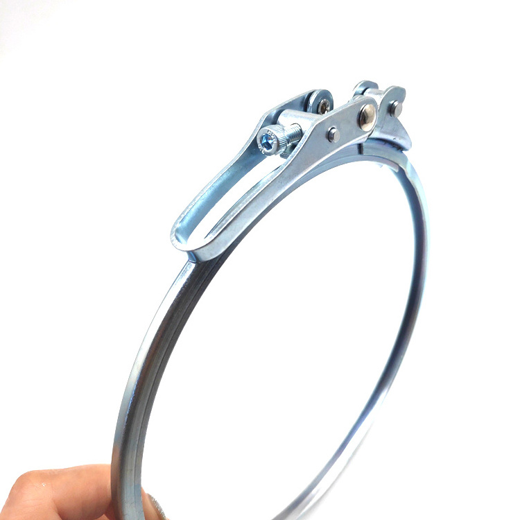 Stainless steel and galvanized steel clamp ring with quick release lock latch for particle transport ducting