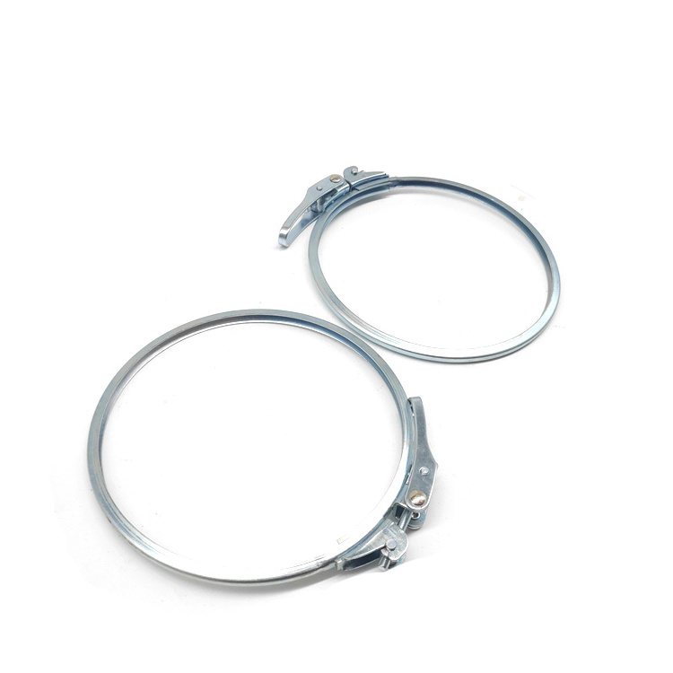 Stainless steel and galvanized steel clamp ring with quick release lock latch for particle transport ducting