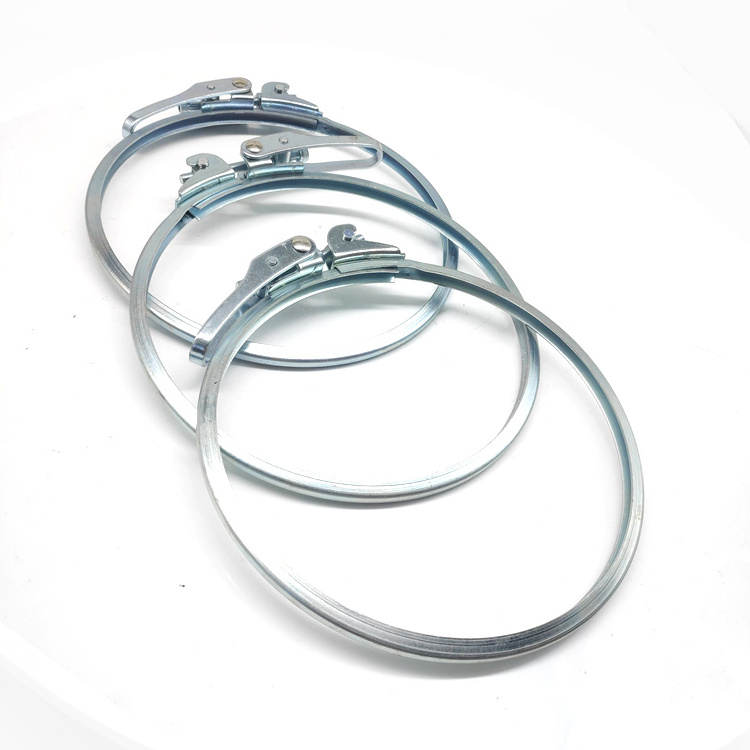 Stainless steel and galvanized steel clamp ring with quick release lock latch for particle transport ducting